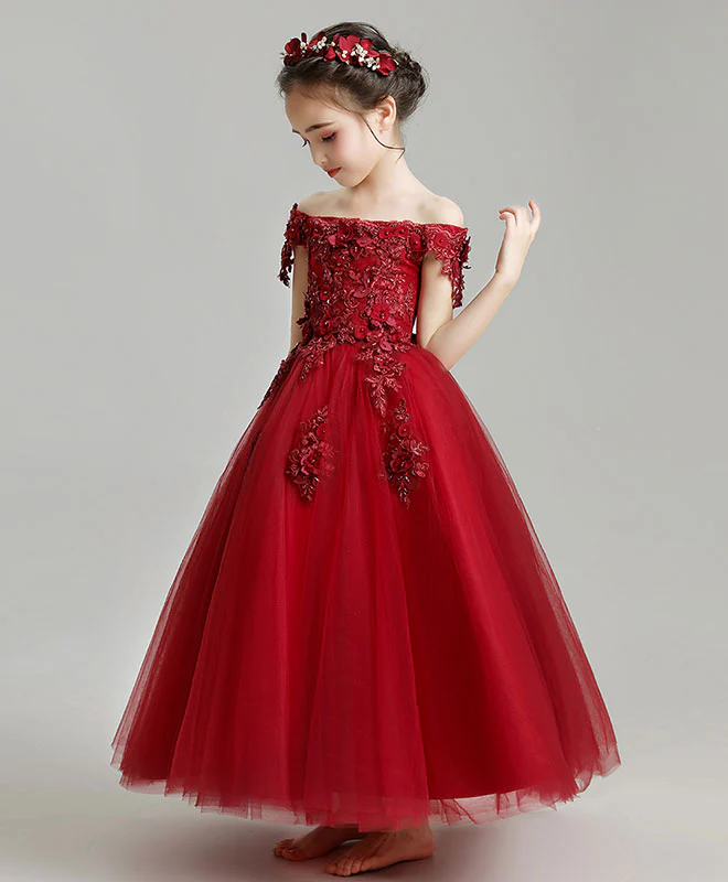 Burgundy Tulle Lace Flower Girl Dress, Burgundy Girl Party Dress - Deanwangkt