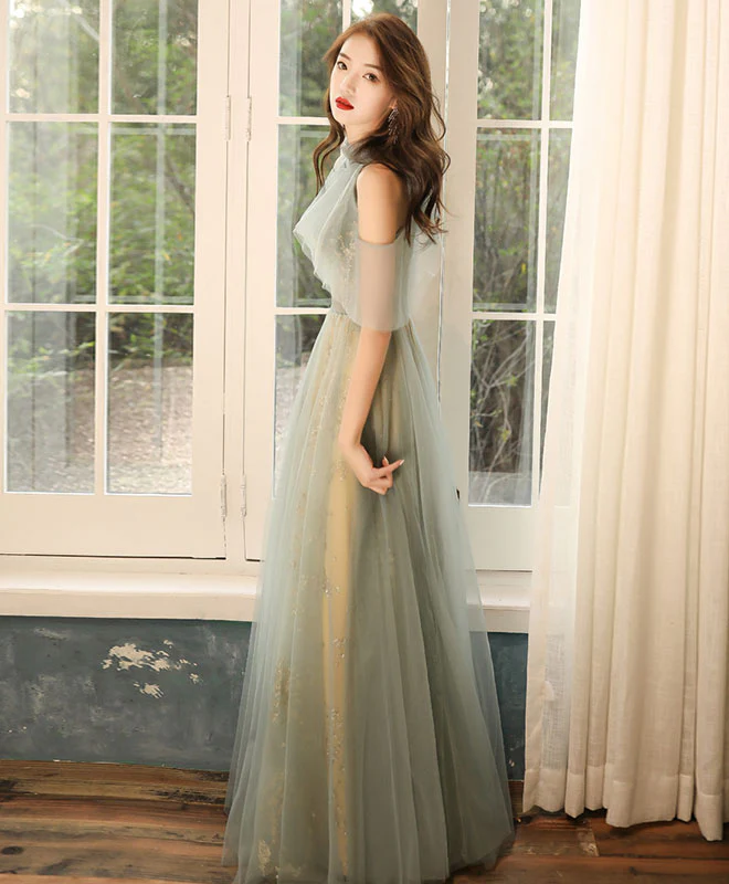 Green Tulle Hight Neck Tulle Lace Long Prom Dress Tulle Formal Dress - Deanwangkt