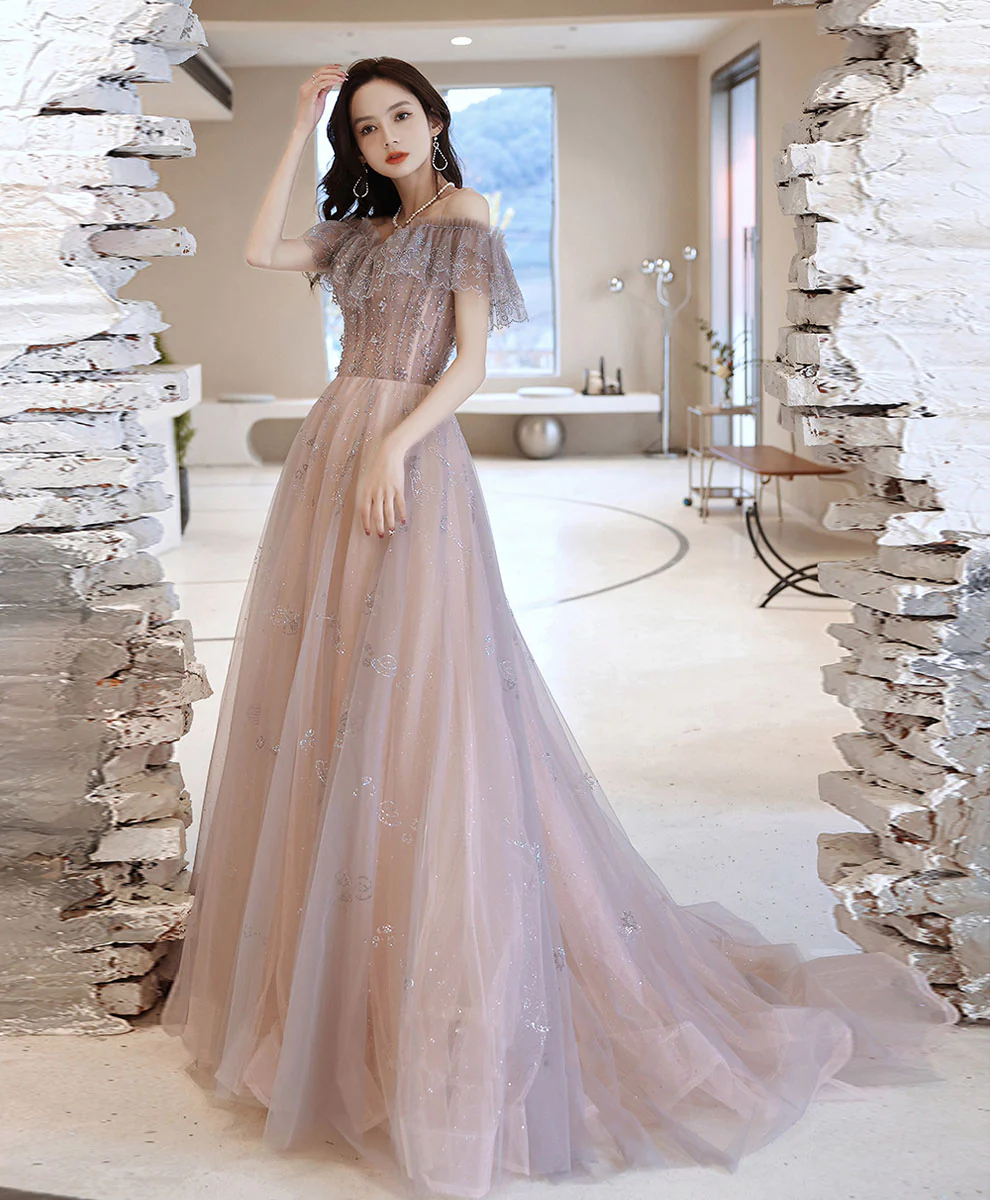 A-line Tulle Lace Off Shoulder Long Prom Dress Tulle Formal Dress - Deanwangkt