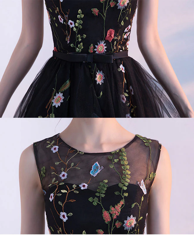 Black Round Neck Lace Tulle Short Prom Dress, Black Evening Dress - Deanwangkt