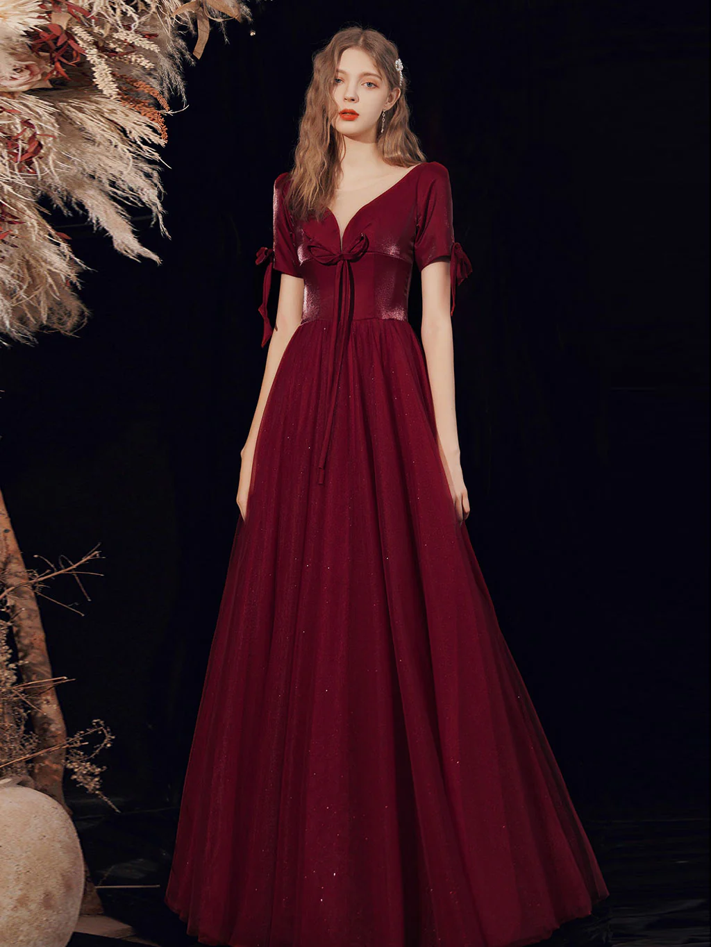 Burgundy A-line V Neck Tulle Long Prom Dress Burgundy Evening Dress - Deanwangkt