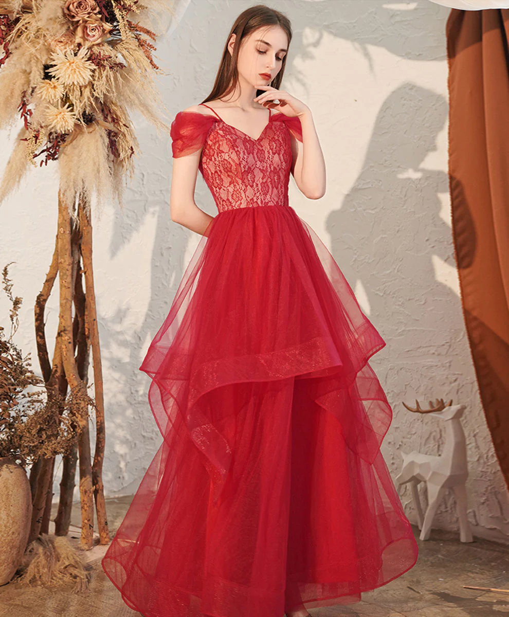 Red V Neck Tulle Ooff Shoulder Long Prom Dress, Red Formal Graduation Dress - Deanwangkt