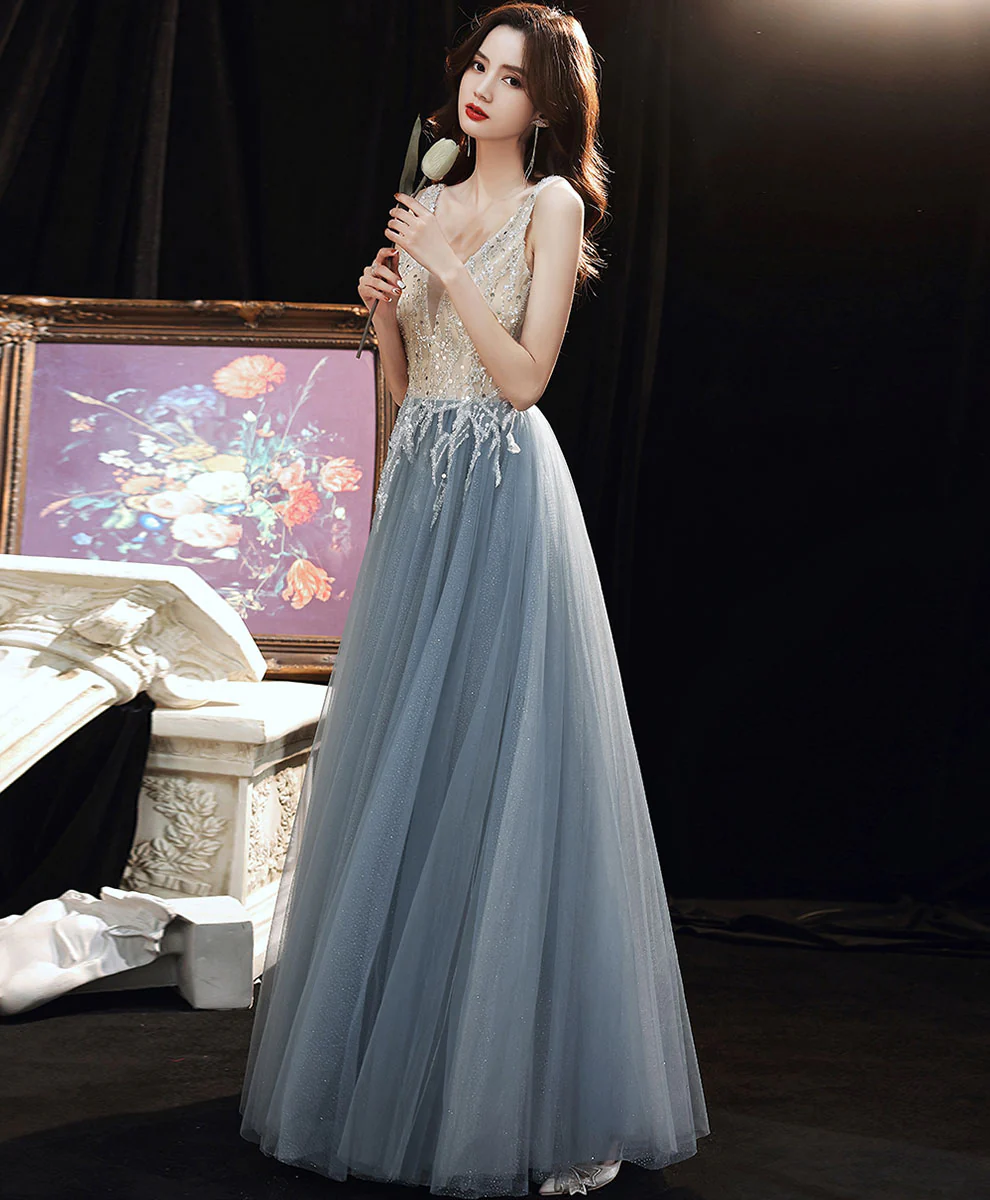 Gray Blue Tulle V Neck Sequin Long Prom Dress Blue Formal Evening Dress - Deanwangkt