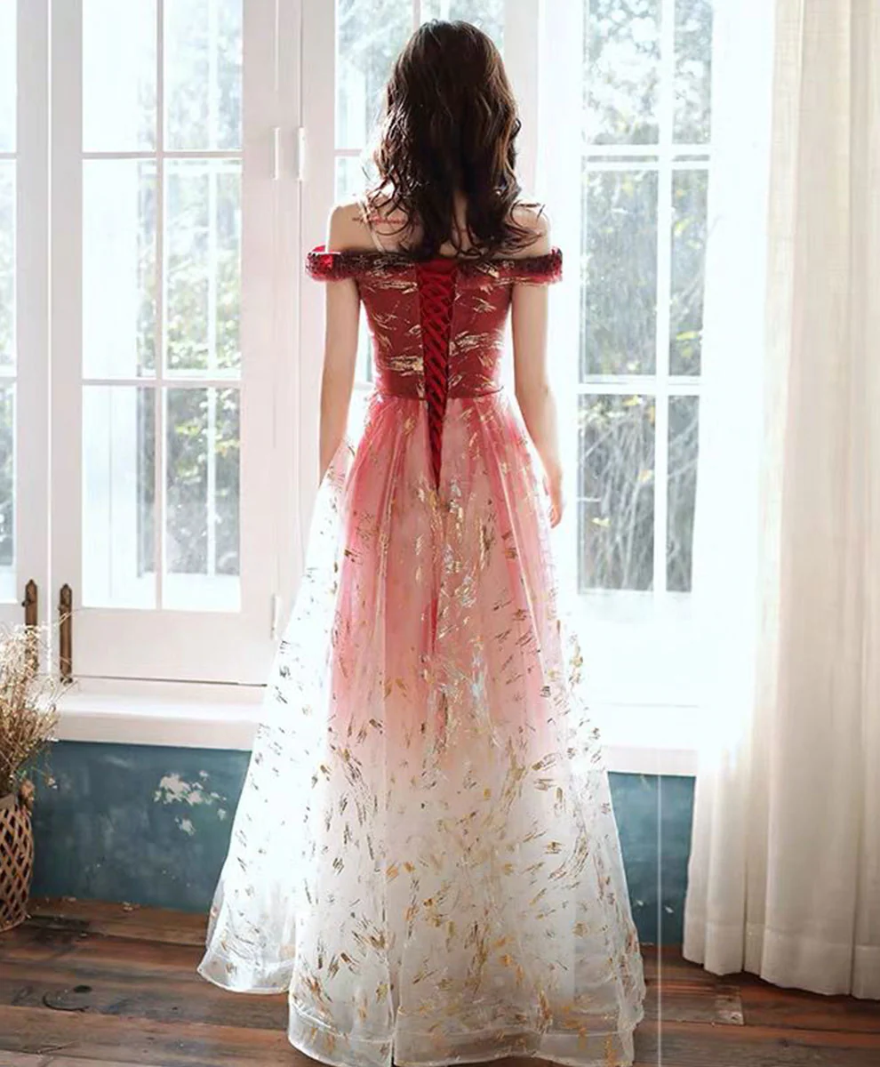 Burgundy Tulle Off Shoulder Lace Long Prom Dress Tulle Formal Dress - Deanwangkt