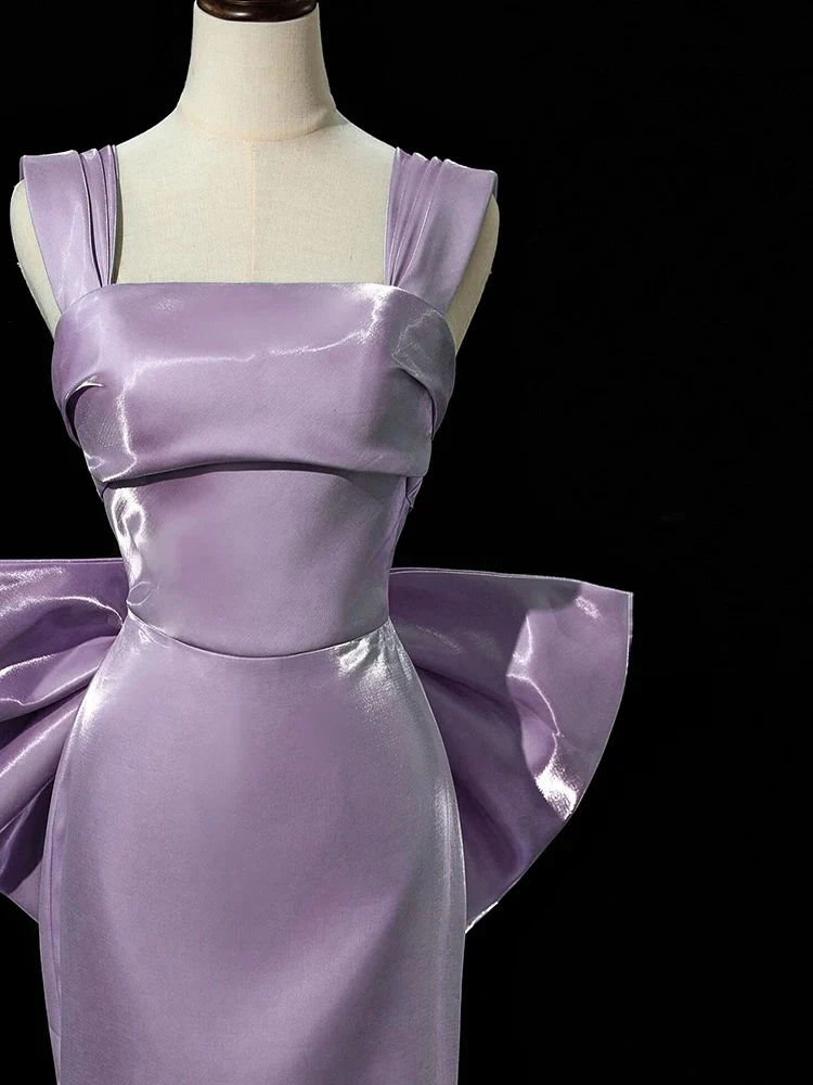 Simple Satin Purple Long Prom Dress, Purple Long Formal Dress with bow tie - Deanwangkt