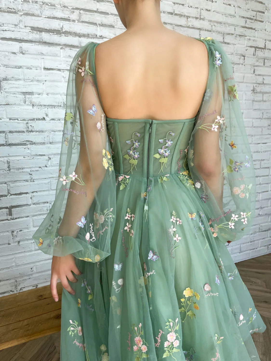 Elegant Long Sleeves Tulle Tea Length Puffy Green Prom Dress, Green Bridesmaid Dresses - Deanwangkt
