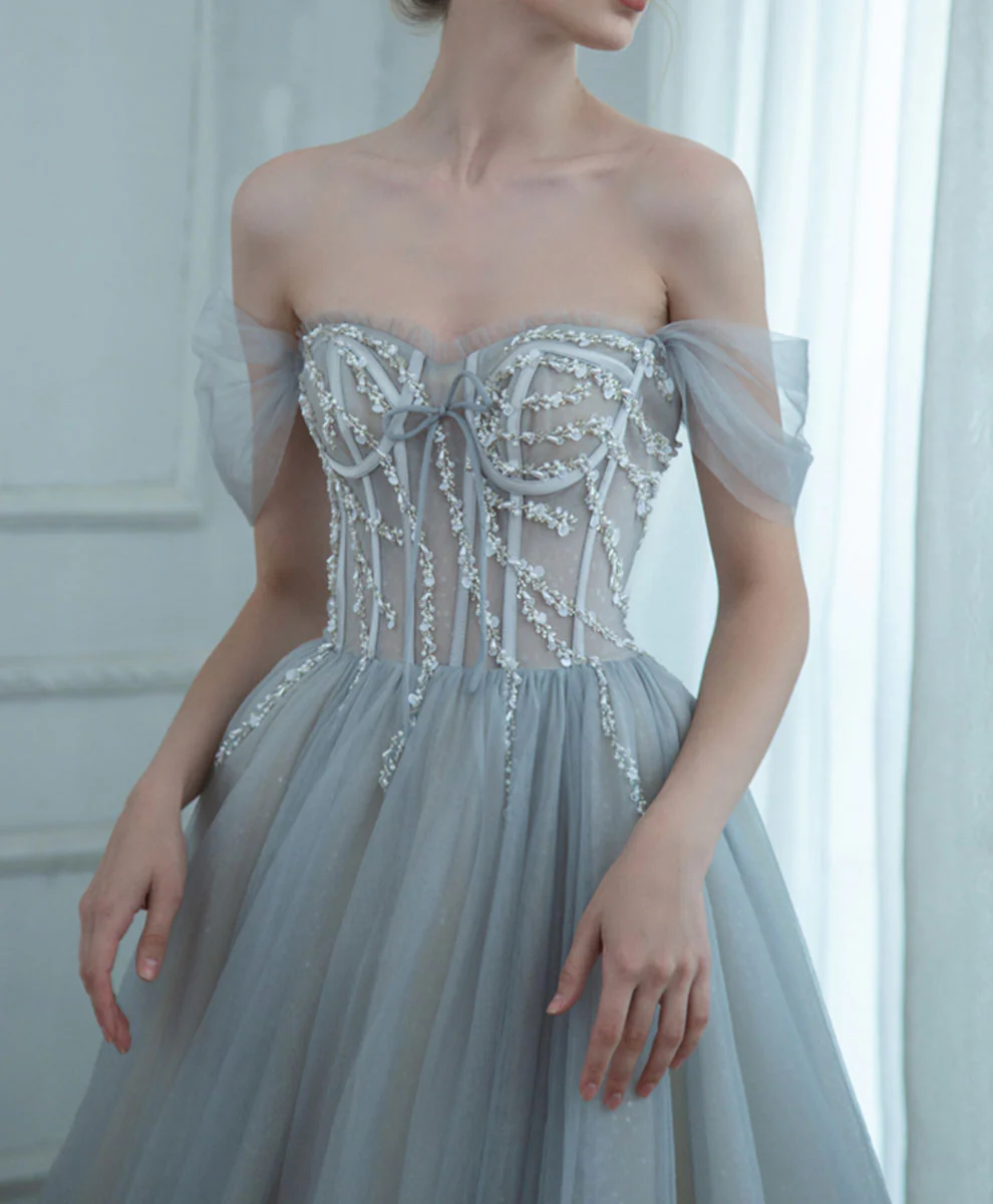 Gray Blue Long Prom Dress, Gray Blue Graduation Formal Dress with Beading - Deanwangkt