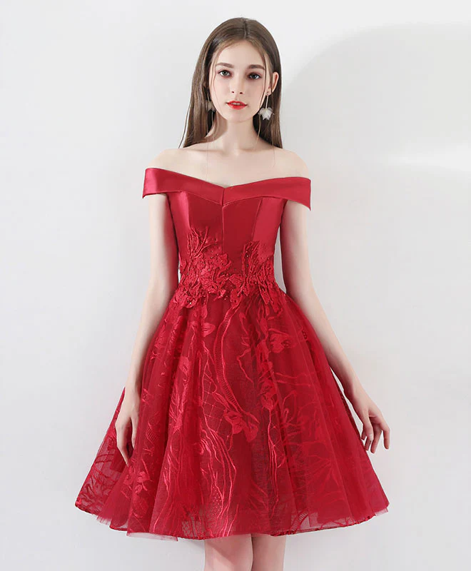 Burgundy Lace Tulle Short Prom Dress, Burgundy Homecoming Dress - Deanwangkt