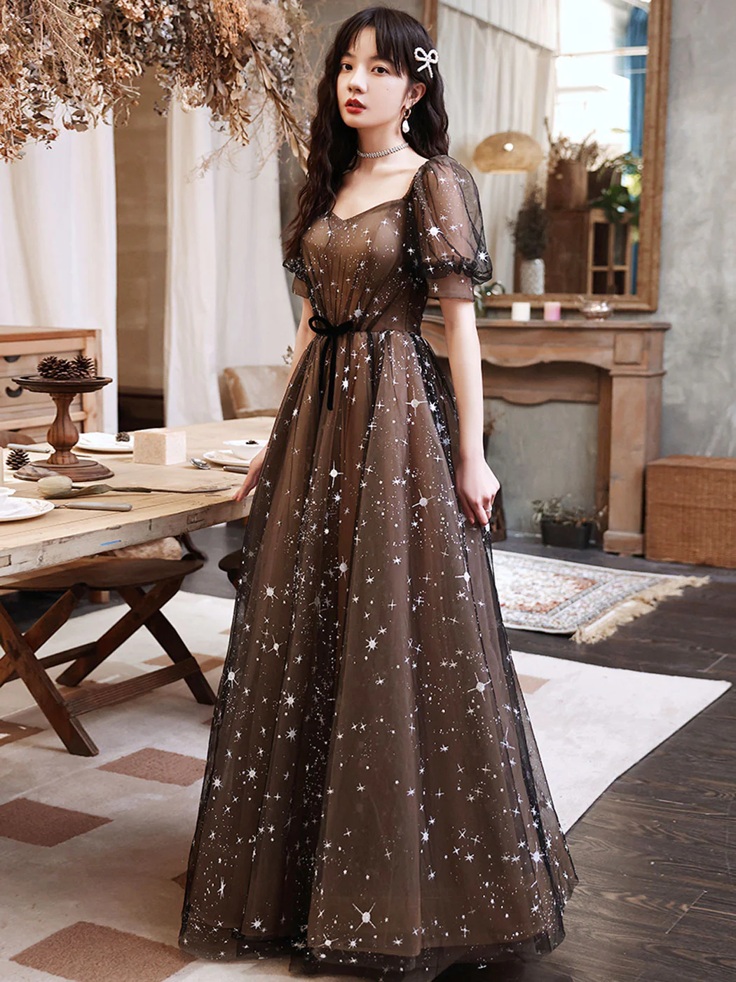Black A-Line Lace Long Prom Dresses, Black Tulle Formal Evening Dress - Deanwangkt
