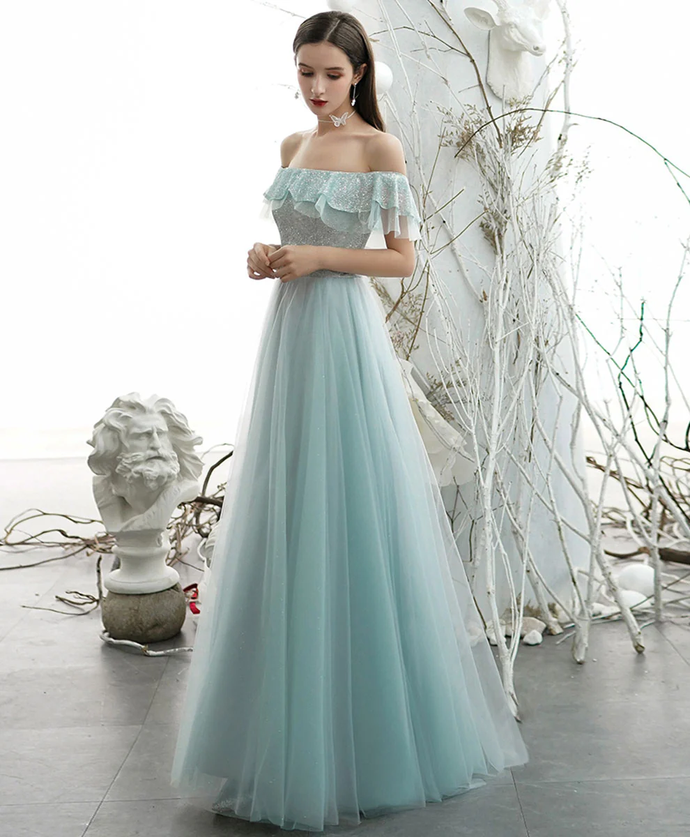 Green Tulle Sequin Long Prom Dress, Green Formal Graduation Dress - Deanwangkt