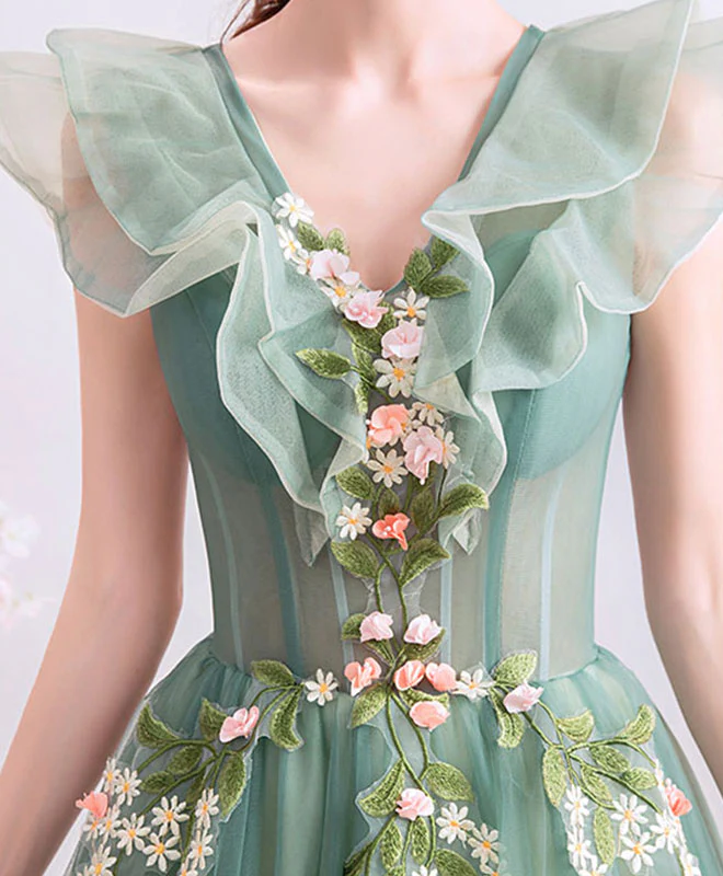 Green V Neck Tulle Lace Long Prom Dress, Green Evening Dress - Deanwangkt