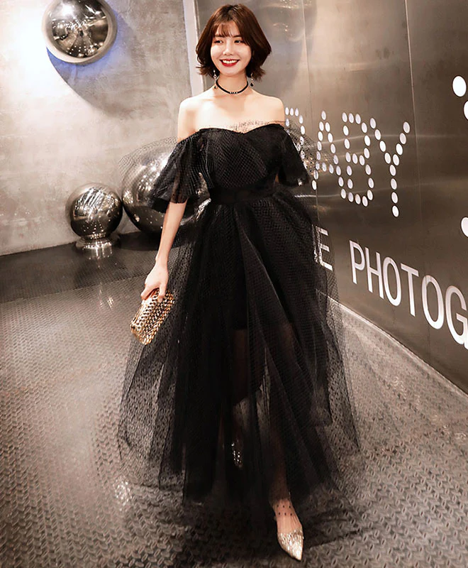 Black Tulle Tea Length Prom Dress, Black Evening Dress - Deanwangkt