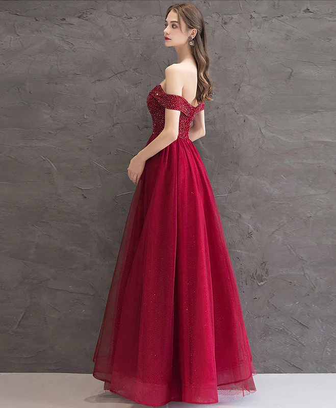 Burgundy Tulle Off Shoulder Long Prom Dress Burgundy Evening Dress - Deanwangkt
