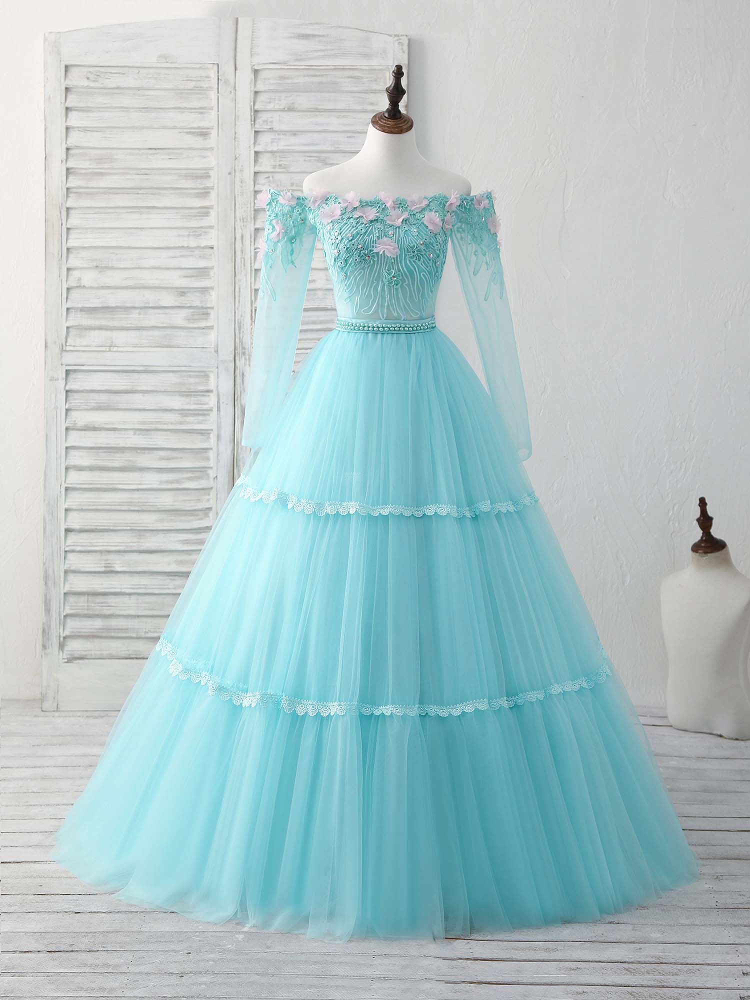 Unique Tulle Lace Applique Long Prom Dress, Green Evening Dress - Deanwangkt