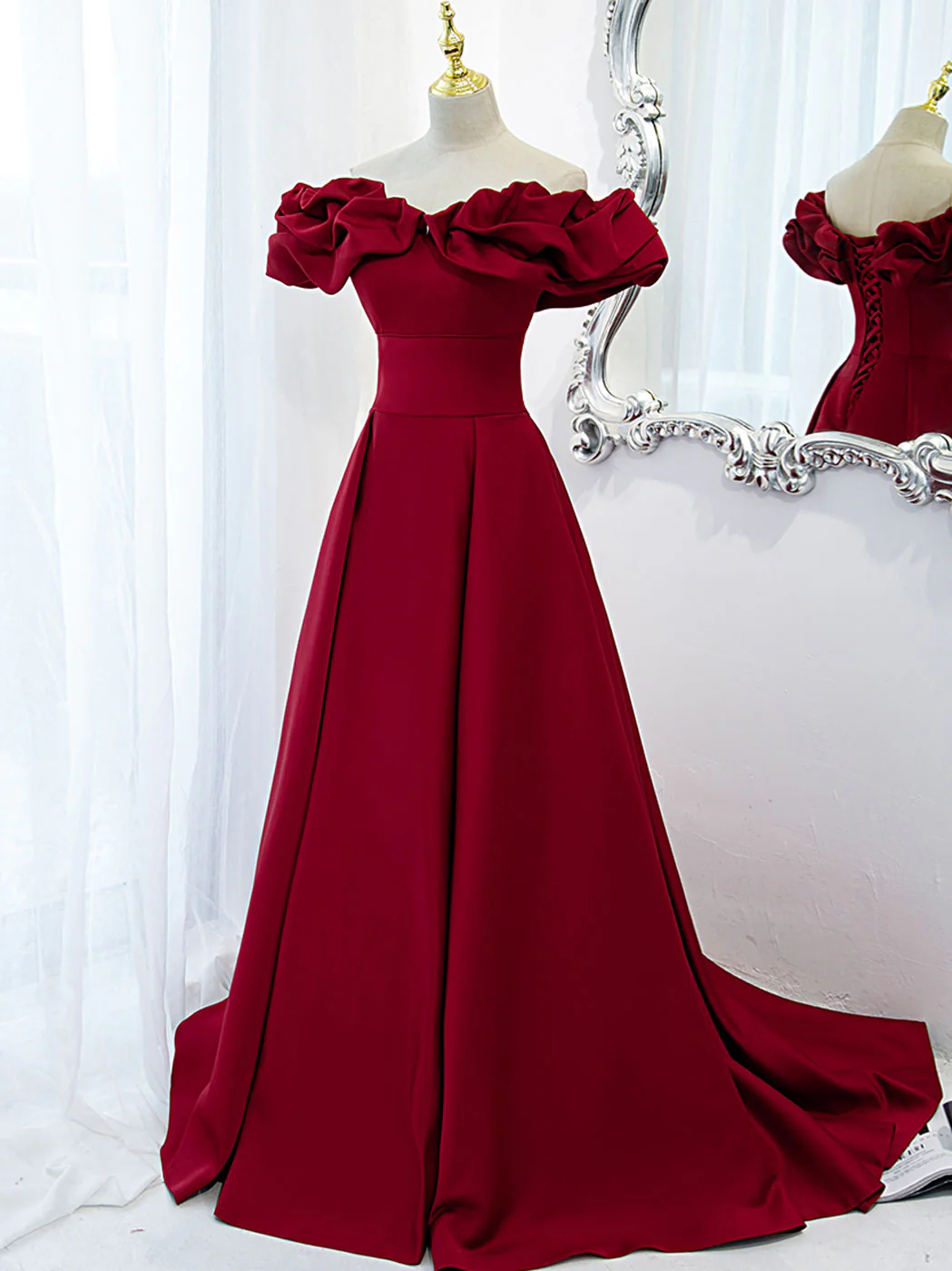 Burgundy Off Shoulder Satin Long Prom Dress, Burgundy Formal Evening Dress - Deanwangkt