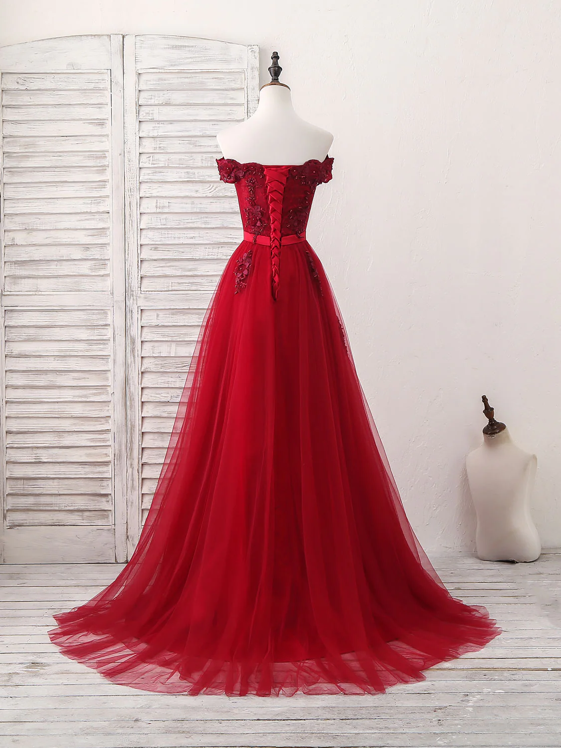 Burgundy Off Shoulder Tulle Lace Applique Long Prom Dress, Evening Dress - Deanwangkt