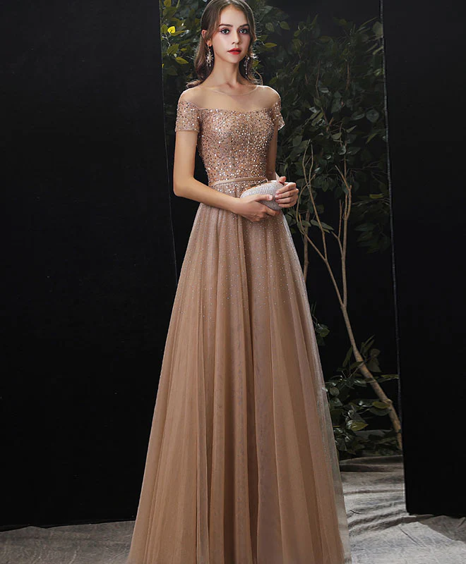 Gold Tulle Sequin Long Prom Dress, Champagne Tulle Formal Graduation Dress - Deanwangkt