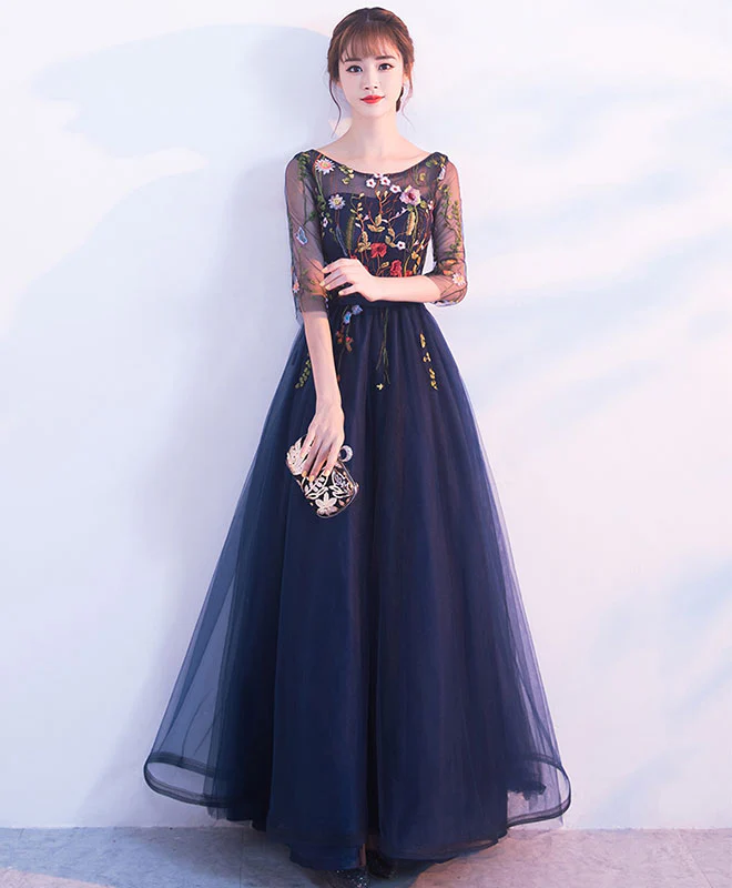 Dark Blue Tulle Lace Long Prom Dress, Blue Evening Dress - Deanwangkt