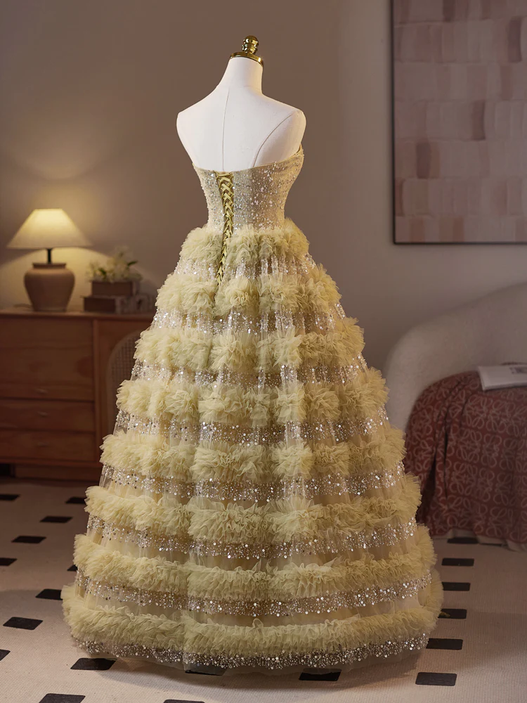 Beautiful Sweetheart Neck Tulle Sequin Green Prom Dress, Puffy Green Long Sweet 16 Dress - Deanwangkt