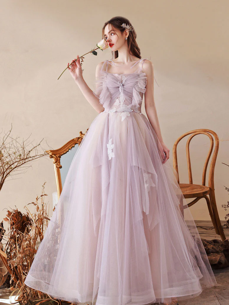 Unique Tulle Lace A line Long  Light Purple Prom Dresses,  Tulle Formal Graduation Dresses - Deanwangkt