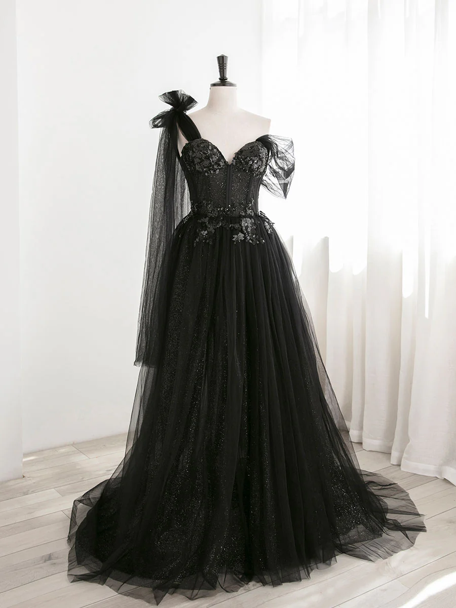 Black A line one Shoulder Tulle Long Prom Dresses, Black Tulle Formal Dresses - Deanwangkt