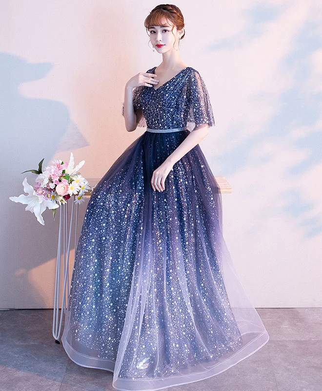 Blue Tulle Sequin Long Prom Dress Blue Evening Dress - Deanwangkt