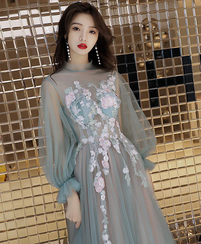 Green Tulle Lace Long Prom Dress, Green Tulle Evening Dress - Deanwangkt