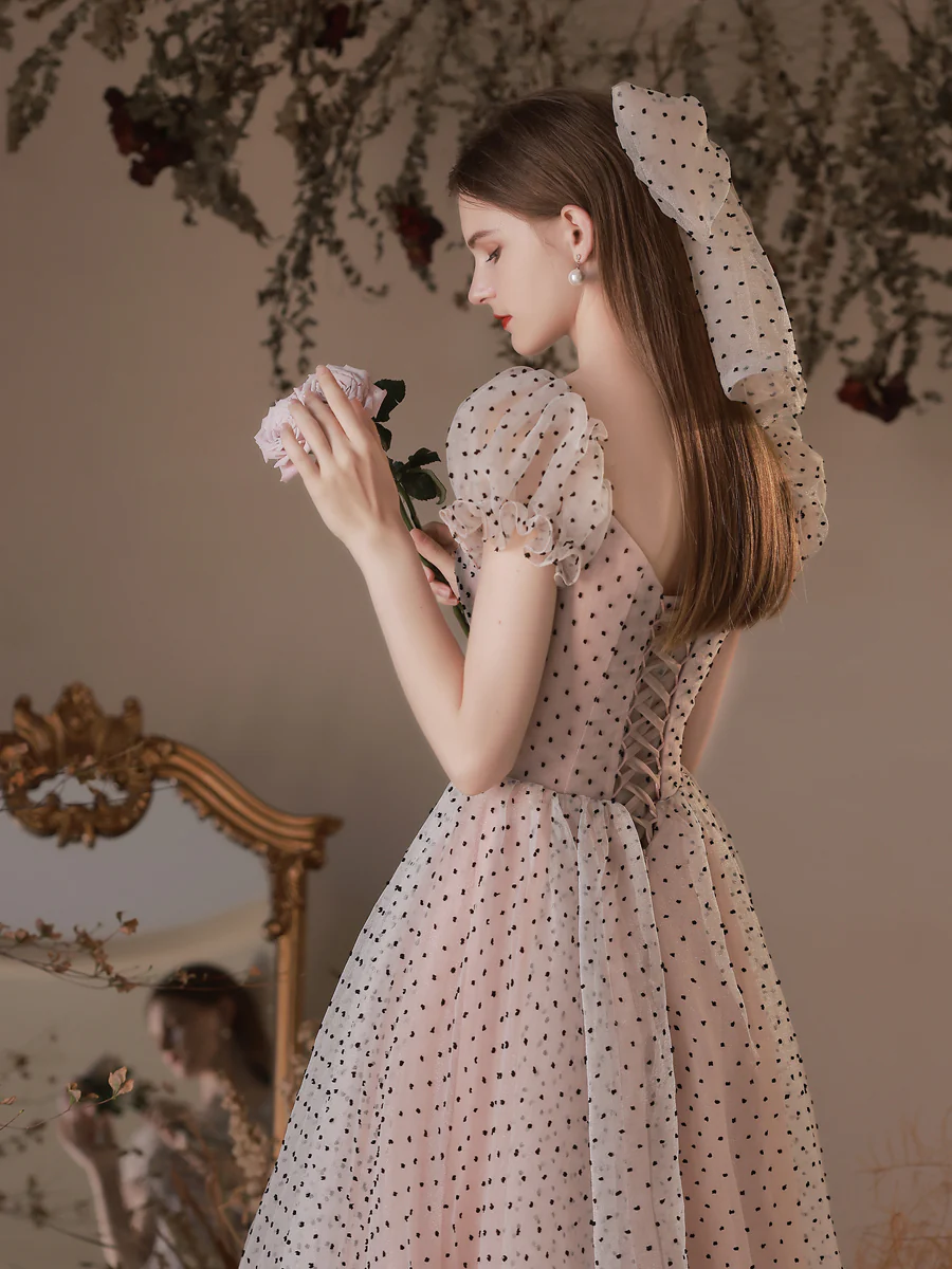 A Line Polka Dot Tulle Tea Length  Pink Prom Dresses, Puff Sleeves Homecoming Dress - Deanwangkt