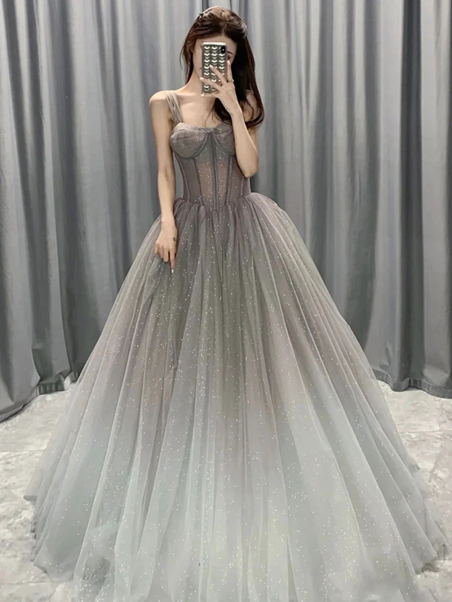 Gray Sweetheart Neck  Tulle Long Prom Dress, Gray Formal Graduation Dresses - Deanwangkt