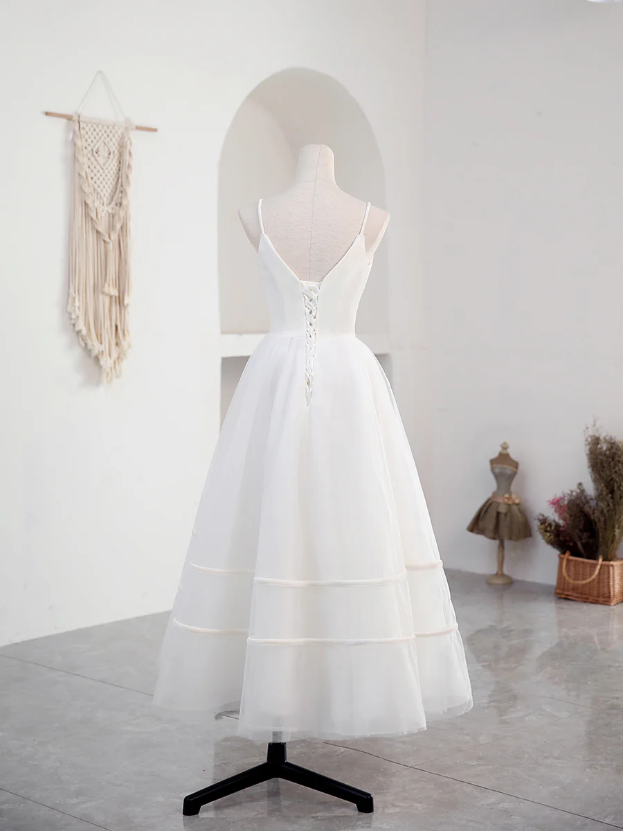 Simple V Neck Tulle Tea Length White Prom Dress, White Bridesmaid Dress - Deanwangkt