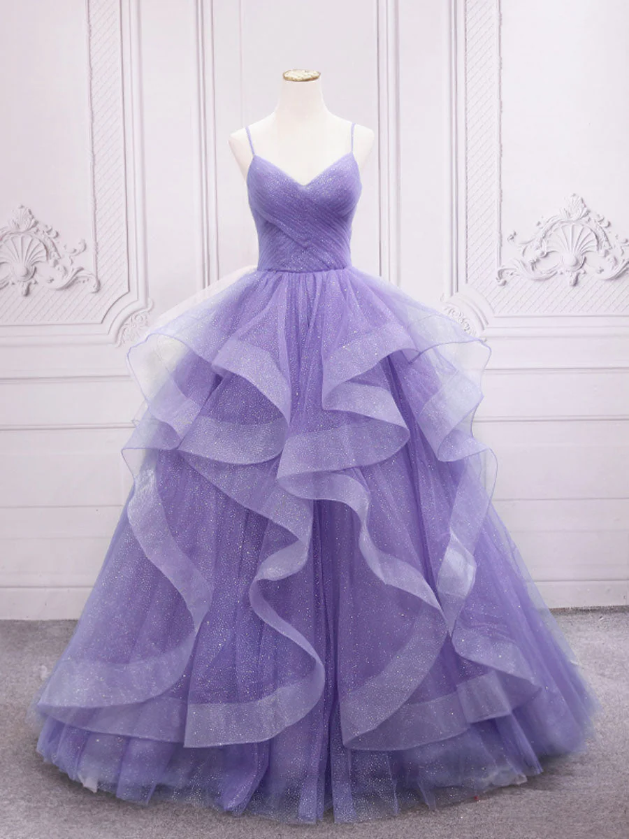 Purple v neck Tulle Long Prom Dress, Purple Sweet 16 Dress - Deanwangkt