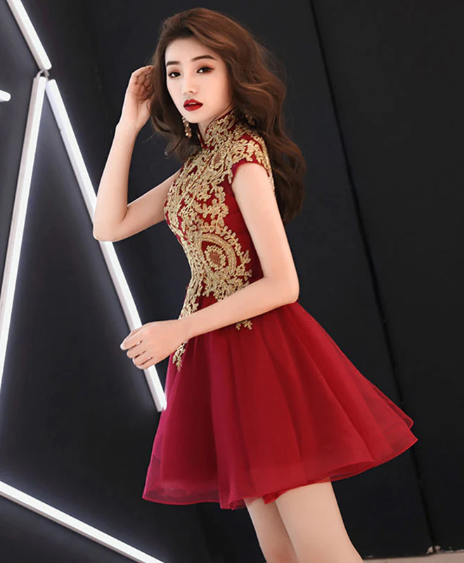 Burgundy Lace Tulle Short Prom Dress, Burgundy Homecoming Dress - Deanwangkt