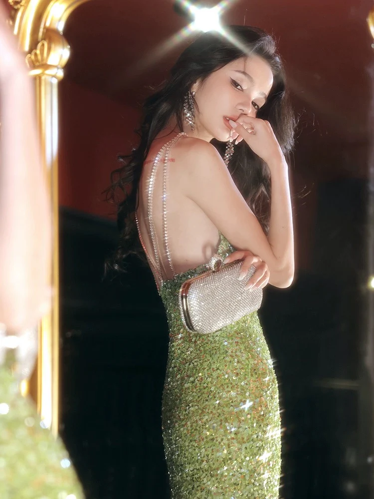 Simple V Neck Mermaid Sequin Green Prom Dress, Backless Green Party Dress - Deanwangkt