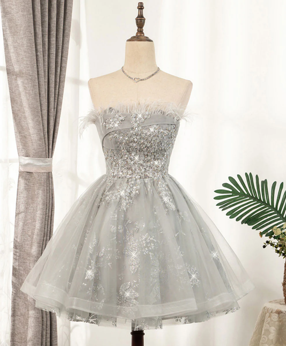 Gray Sweetheart Lace Tulle Short Prom Dress Gray Homecoming Dress - Deanwangkt