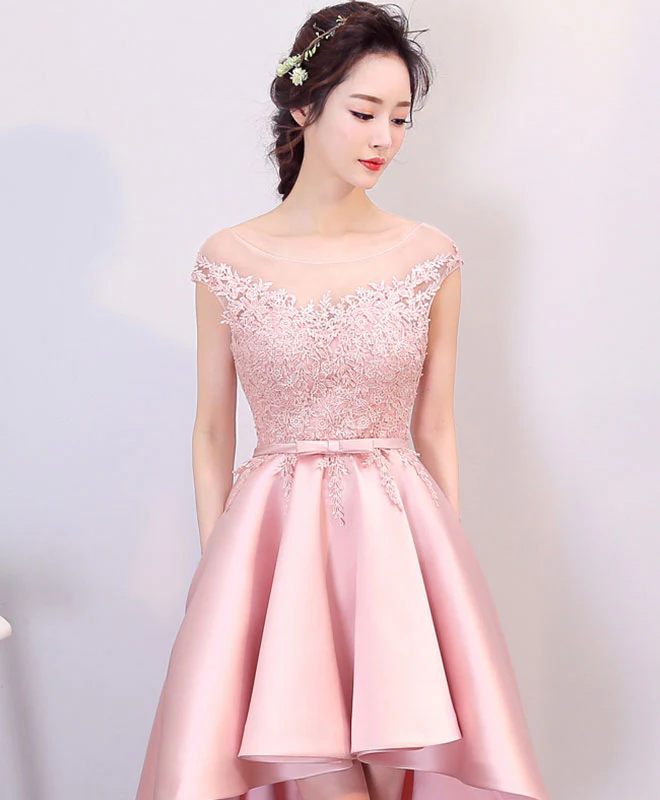 Pink High Low Lace Prom Dress, Pink Formal Bridesmaid Dress - Deanwangkt