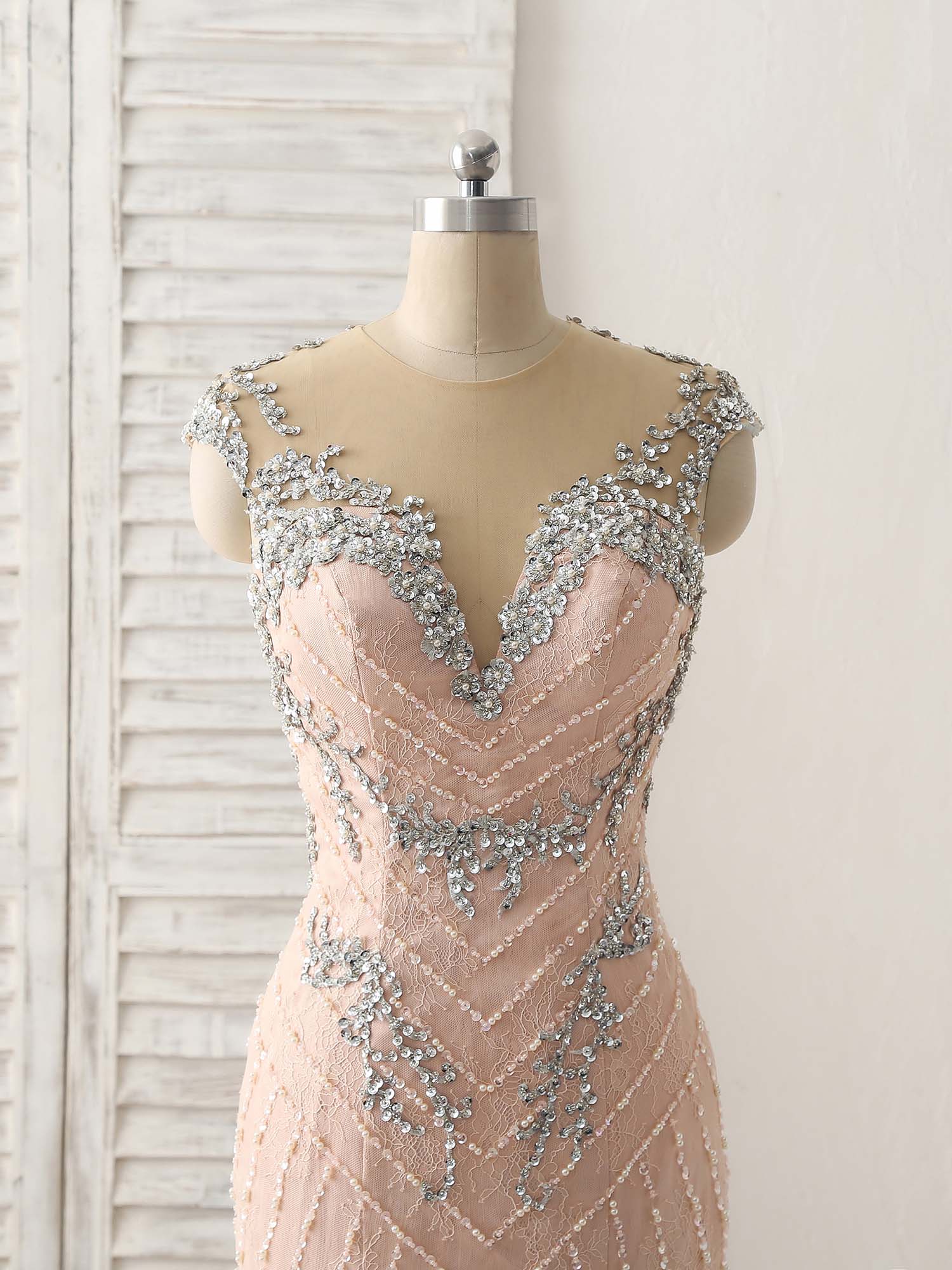 Pink Mermaid Sequin Beads Long Lace Prom Dresses, Pink Evening Dresses - Deanwangkt
