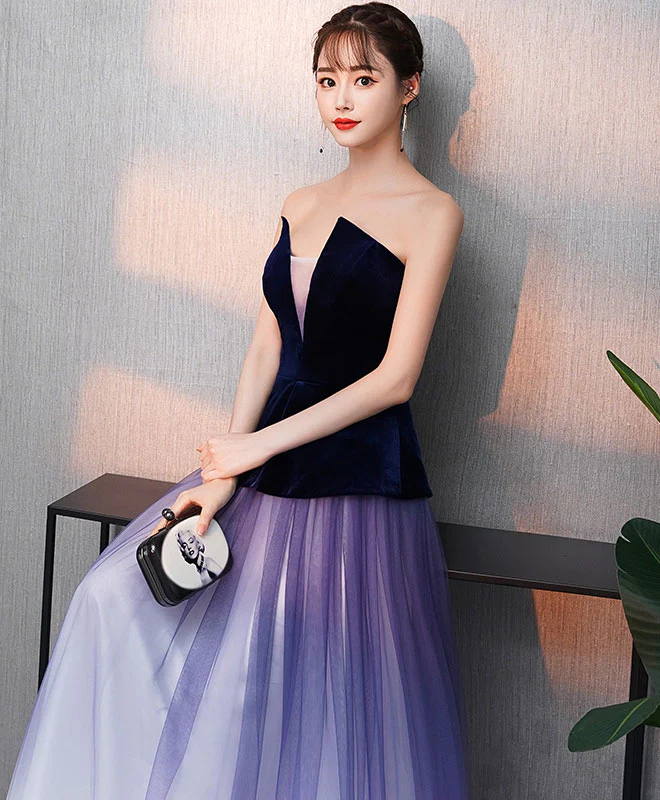 Simple V Neck Tulle Purple Long Prom Dress, Purple Evening Dress - Deanwangkt