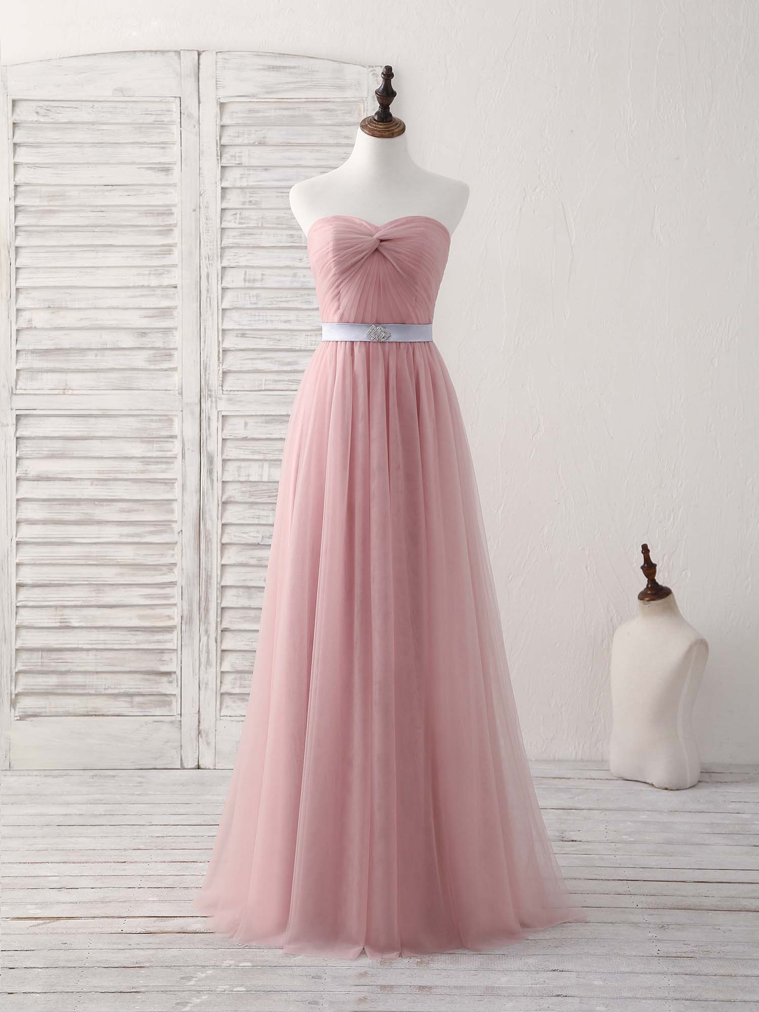Pink Sweetheart Neck Tulle Long Prom Dress, Aline Pink Bridesmaid Dress - Deanwangkt