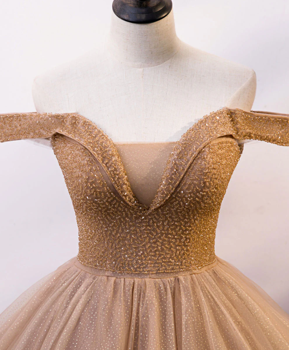 Champagne Sweetheart Off Shoulder Tulle Sequin Long Prom Dresses - Deanwangkt