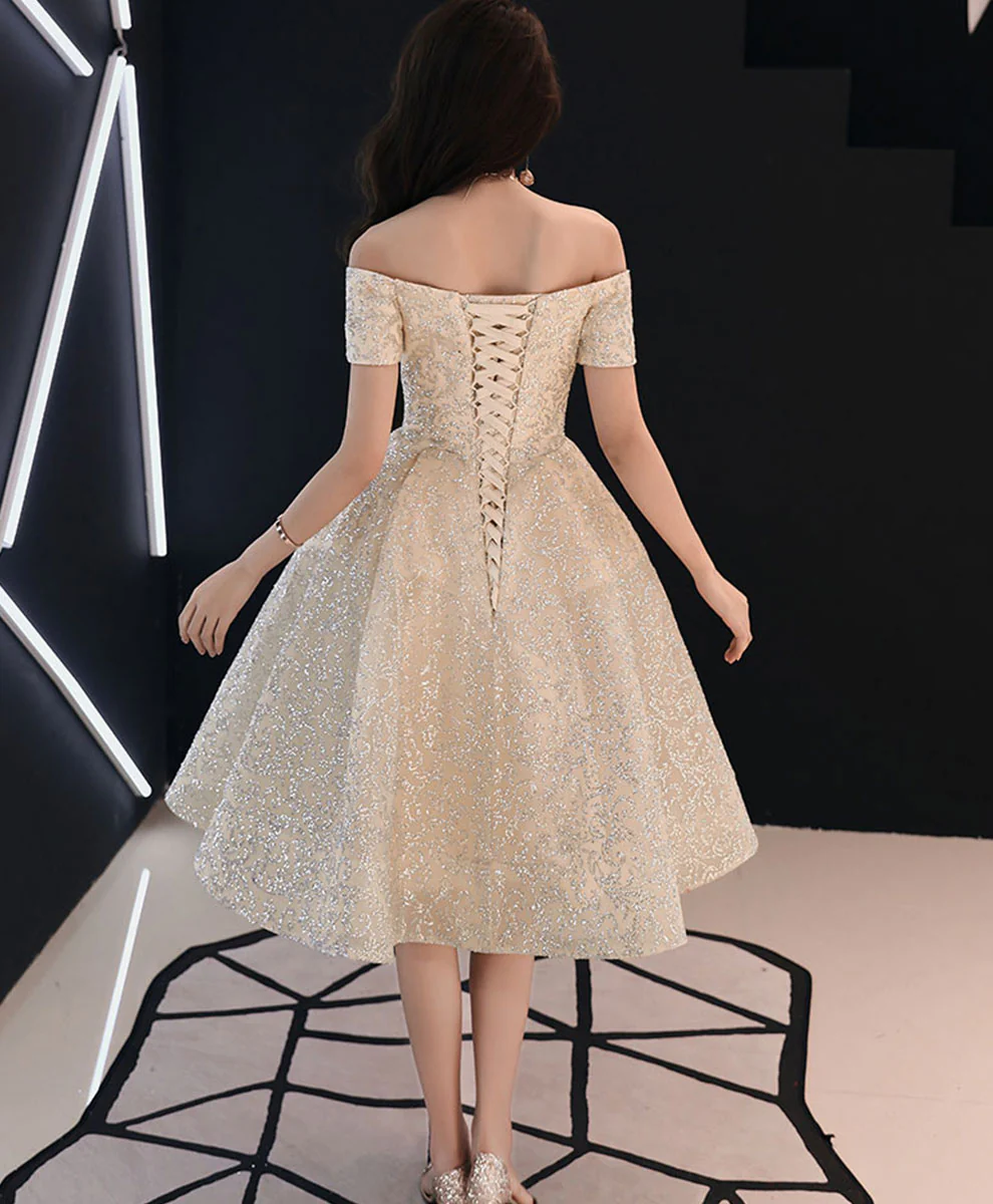 Champagne Sweetheart Tulle Sequin Prom Dress, Champagne Homecoming Dress - Deanwangkt