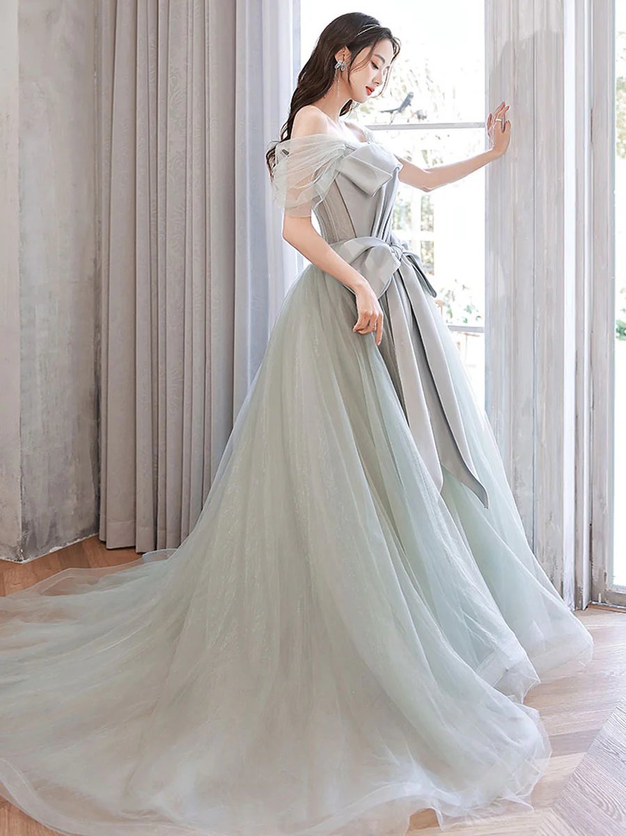 Gray Green Tulle Long Prom Dresses, Tulle Formal Graduation Dresses - Deanwangkt