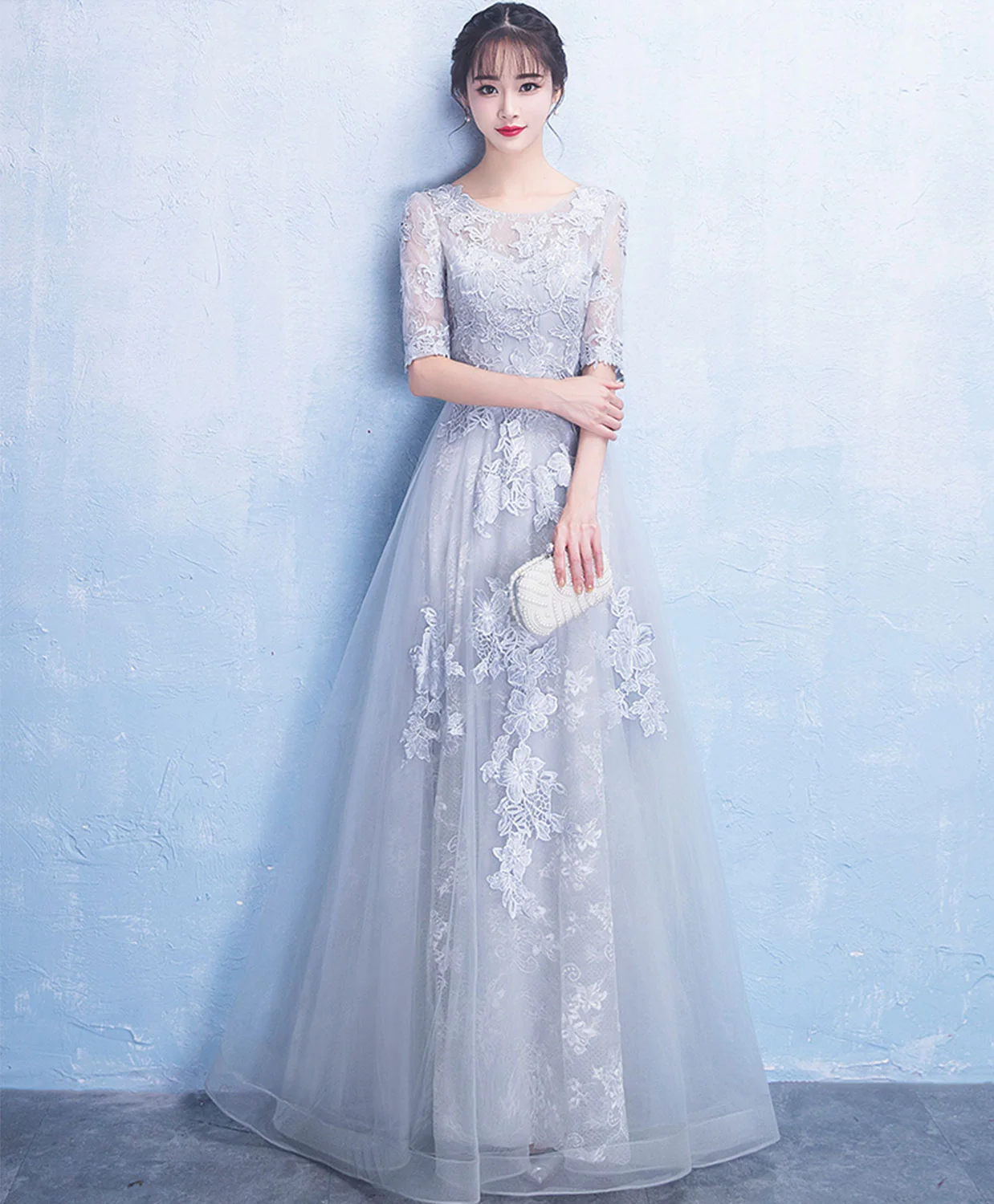 Gray Round Neck Tulle Lace Long Prom Dress, Gray Evening Dress - Deanwangkt