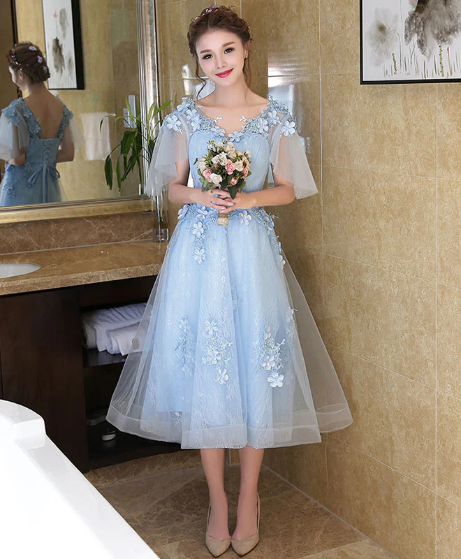 Cute V Neck Lace Short Prom Dress, Evening Dress - Deanwangkt