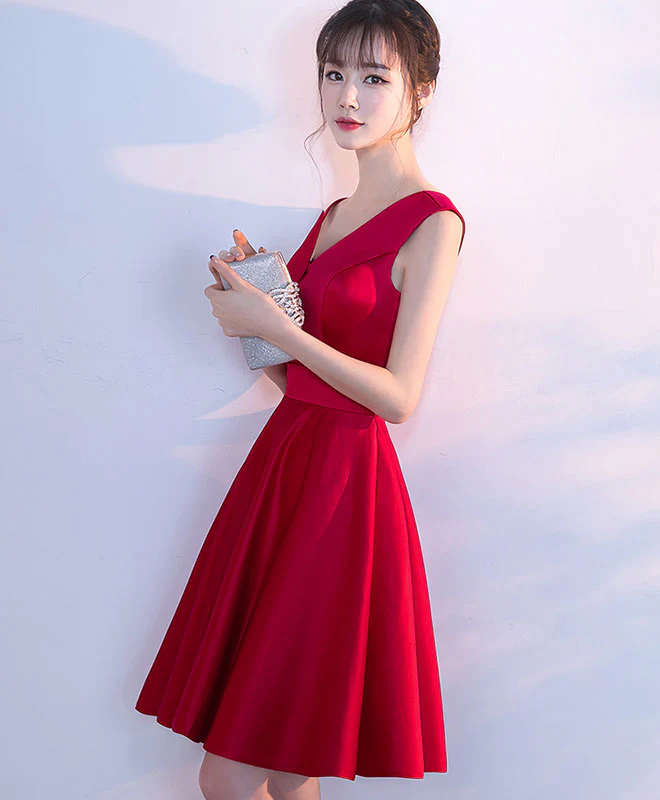 Simple Burgundy Satin Short Prom Dress, Homecoming Dress - Deanwangkt