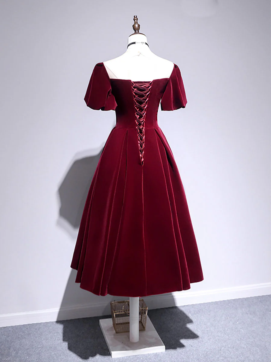 A line Velvet Tea Length Prom Dresses, Burgundy Velvet Bridesmaid Dresses - Deanwangkt