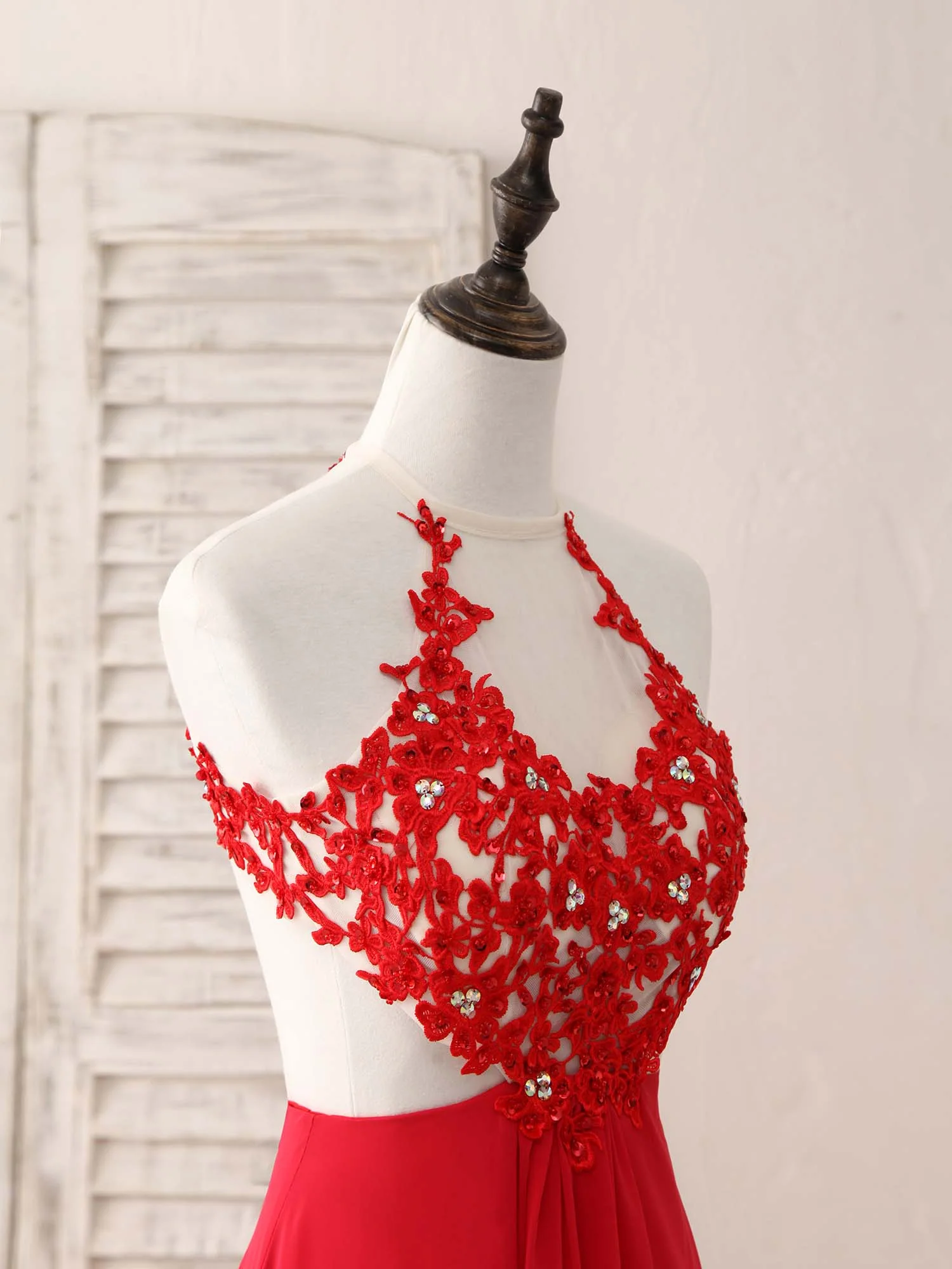 Red Hight Neck Chiffon Lace Applique Long Prom Dress, Red Formal Dress - Deanwangkt