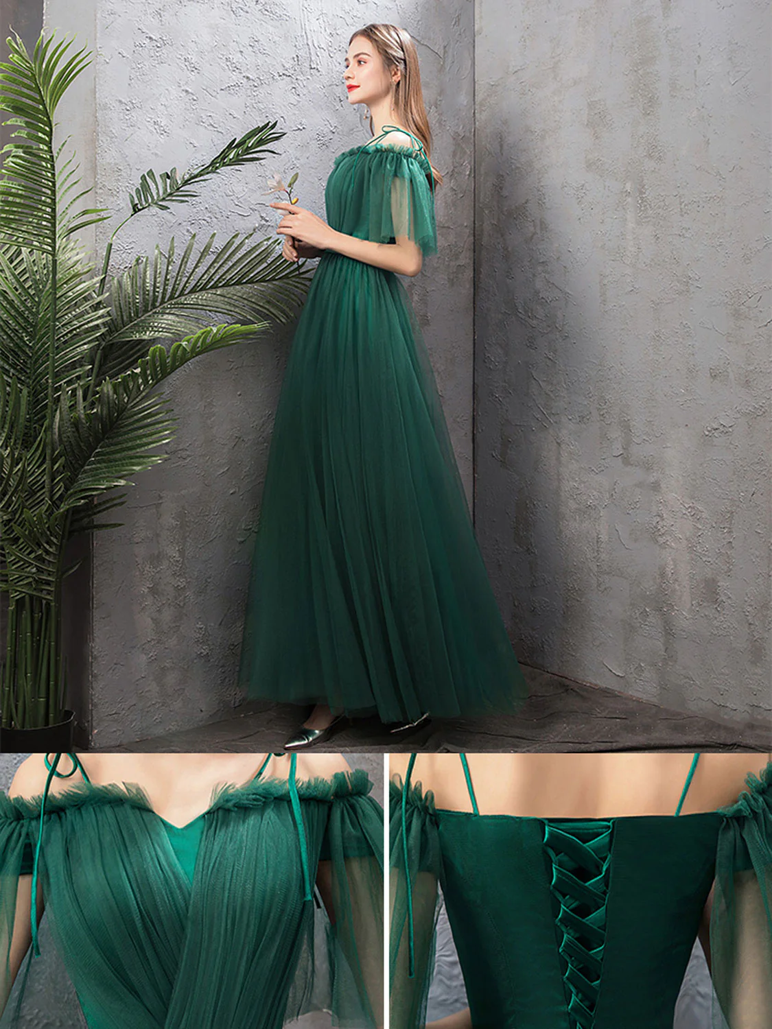 A-Line Off Shoulder Green Tulle Long Prom Dress, Green Formal Dresses - Deanwangkt