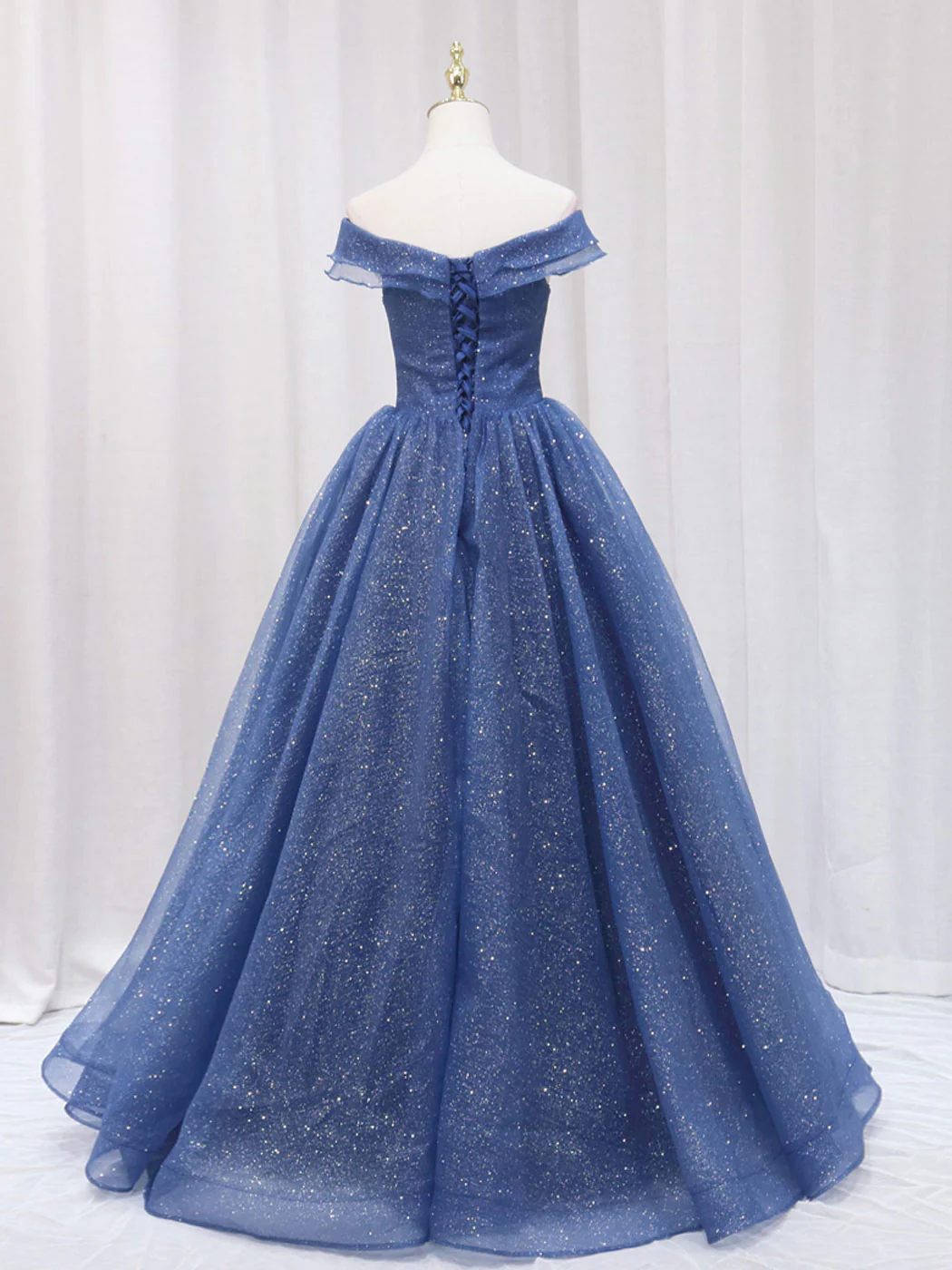 A-Line Off Shoulder Dark Blue Long Prom Dress, Shiny Tulle Long Graduation Dress - Deanwangkt