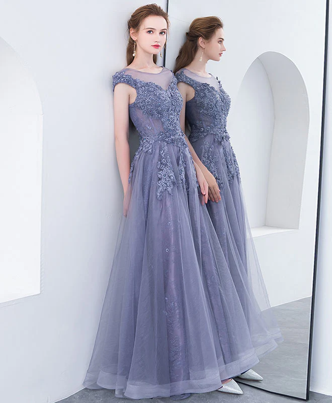 Gray Blue Round Neck Tulle Lace Long Prom Dress, Gray Blue Evening Dress - Deanwangkt