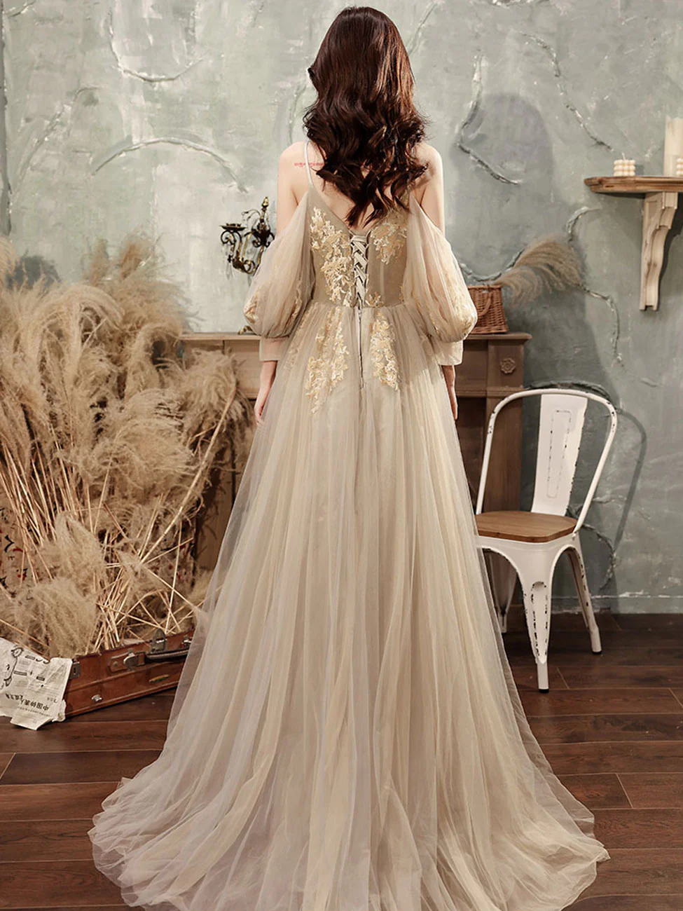 Champagne Tulle Lace Long Prom Dress, Champagne Formal Dresses - Deanwangkt